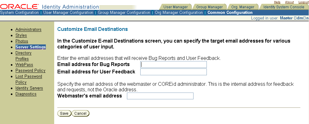 Image of Customize Email Destinations page.