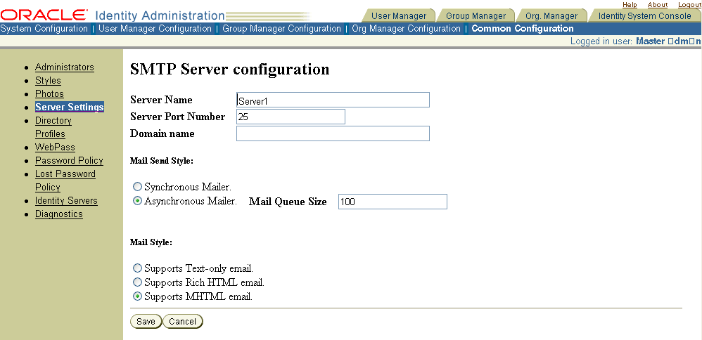 Image of Mail Server configuration page.