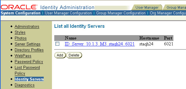 Image of the page that lists all Identity Servers.