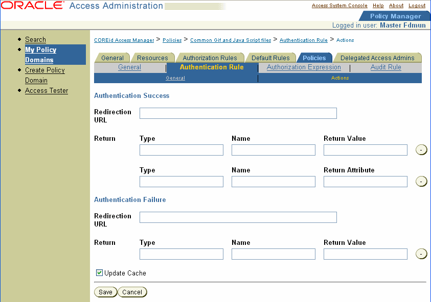 Form for defining actions for an authentication rule.