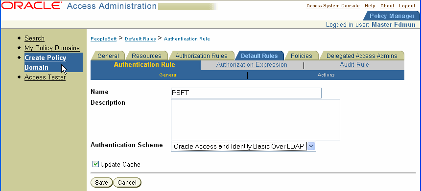 Authentication rule definition page