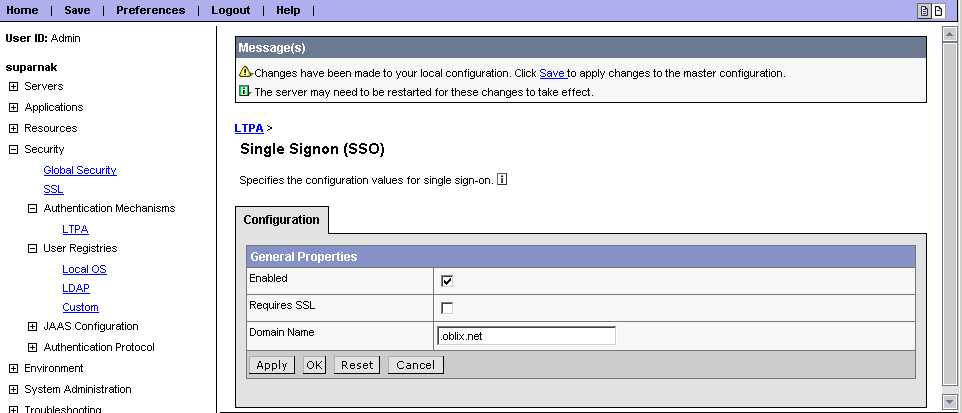 LTPA page with values for single sign-on.