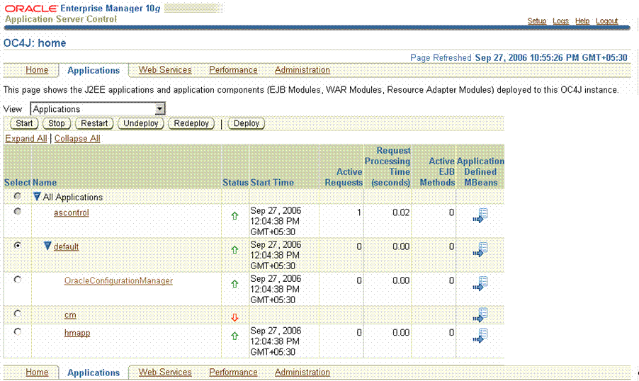 OC4J Applications Tab