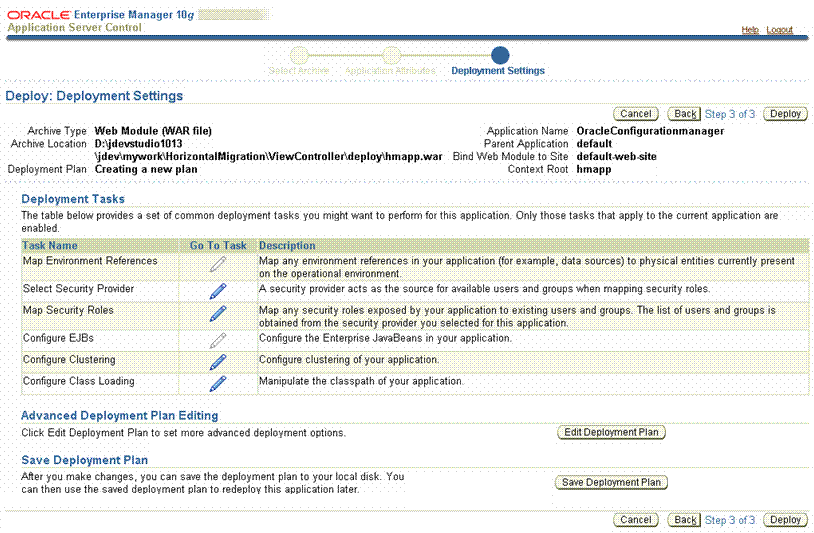 Deployment Settings Page