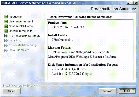 Pre-Installation Summary Screen