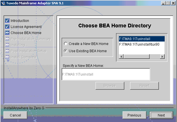 Choose BEA Home Directory Screen