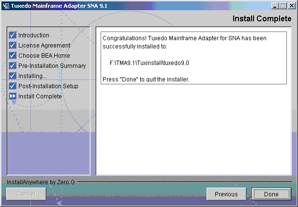 Install Complete Screen