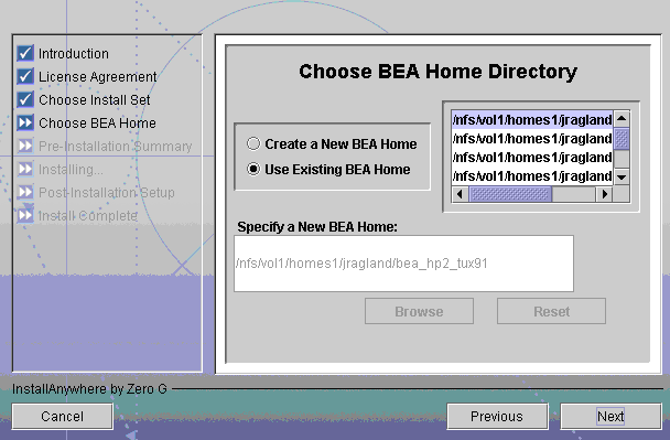 Choose BEA Home Directory Screen