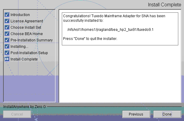 Install Complete Screen