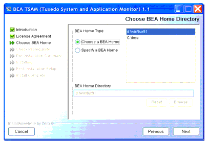 Choose BEA Home Directory Screen