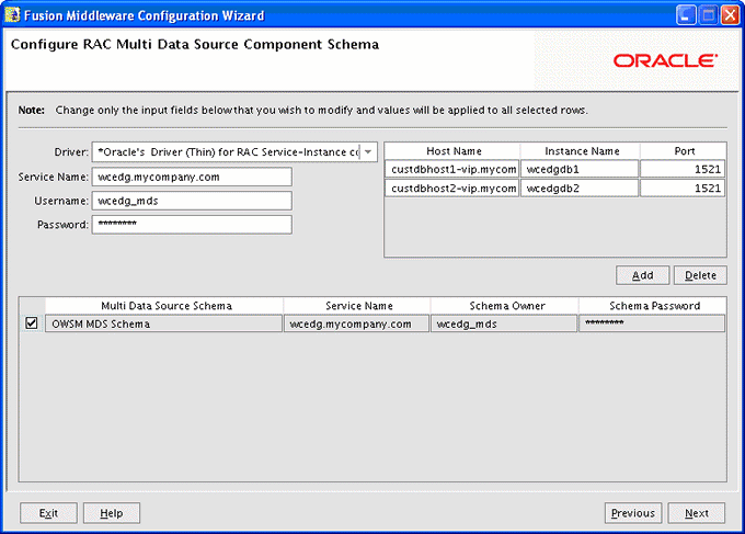 Configure RAC Multi Data Source Component Schema screen