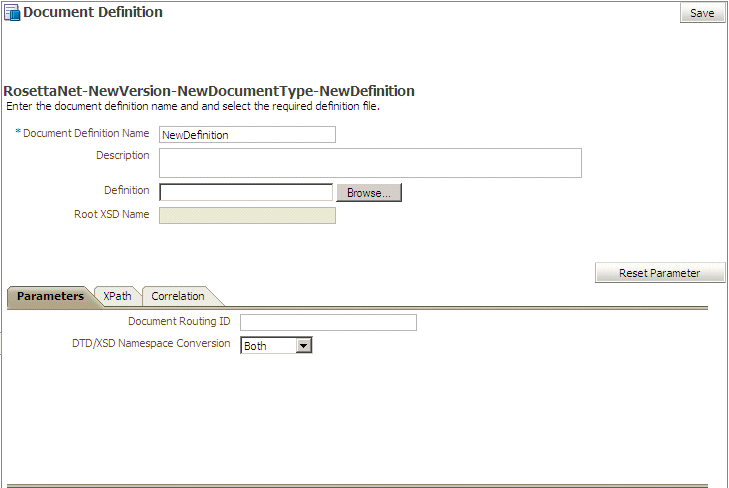 Parameters for a RosettaNet document