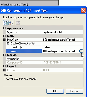 The Property Inspector for an Input Text component.