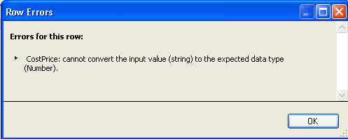 Dialog displaying row error message