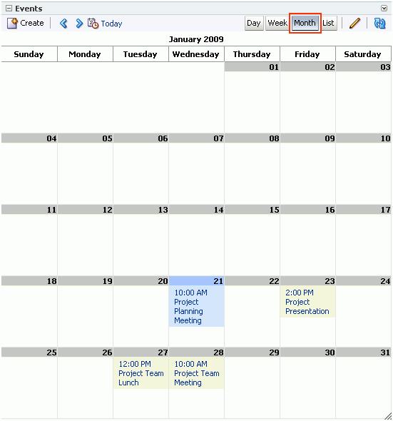 Events task flow with events displayed by month