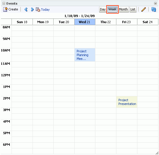 Events task flow with events displayed by week