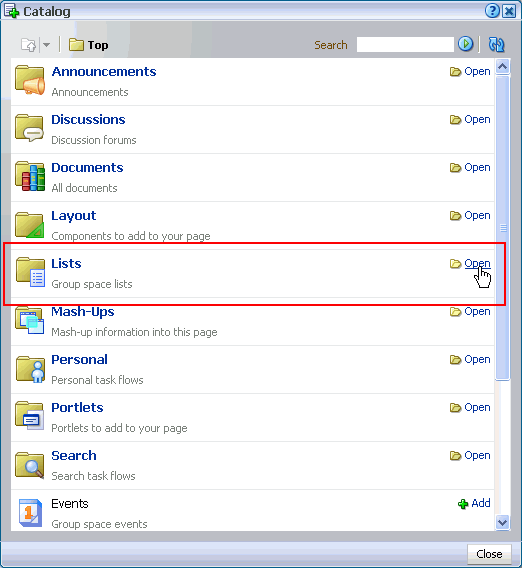Lists folder in the Oracle Composer Catalog