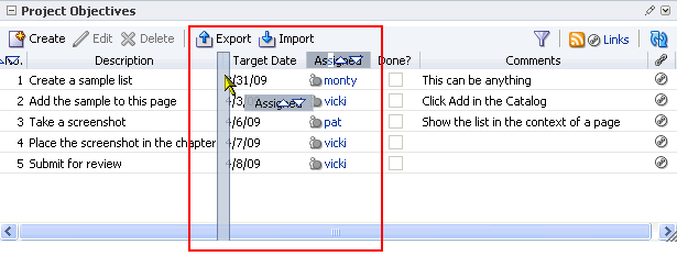 Dragging a list column in page view mode