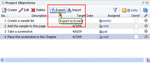 Export button on a list