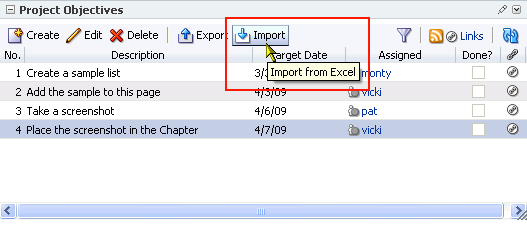 Import button on a list