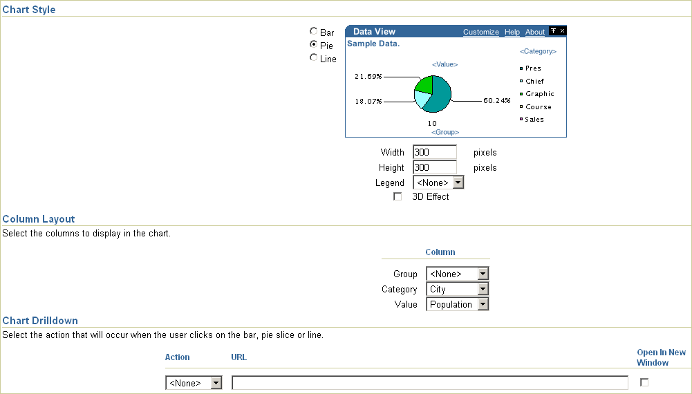 Example Layout tab when a pie chart layout is selected