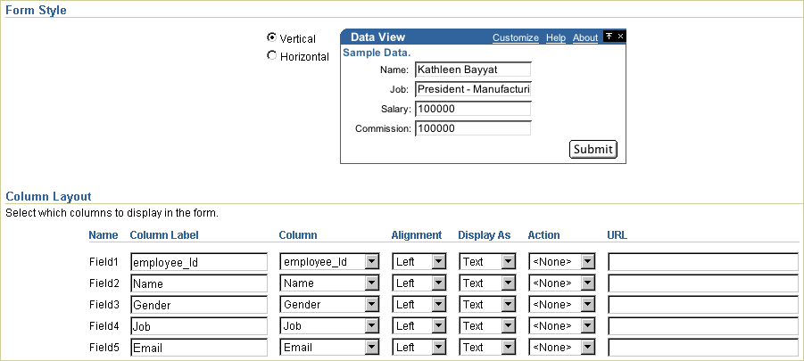 Layout tab with Form layout options