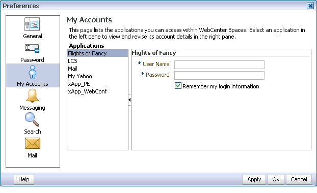 My Accounts panel in the Preferences dialog box