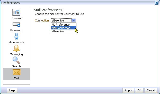 Connections pick list in Mail Preferences