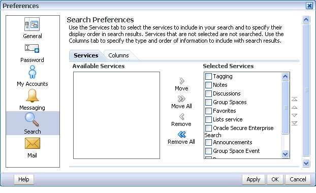 Search Preferences panel in Preferences dialog box