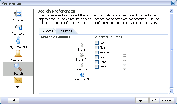 Columns tab in search preferences