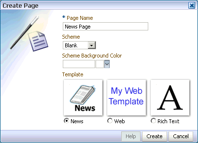 A custom built-Create Page dialog box