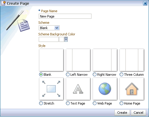 Page style selection in the Create Page dialog box