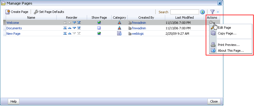 Actions column in Manage Pages dialog box