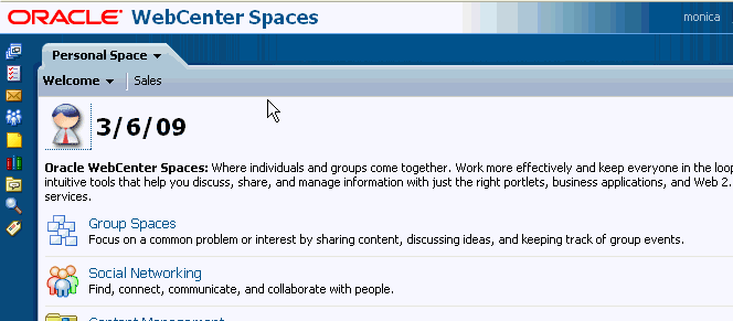 Welcome page in personal space