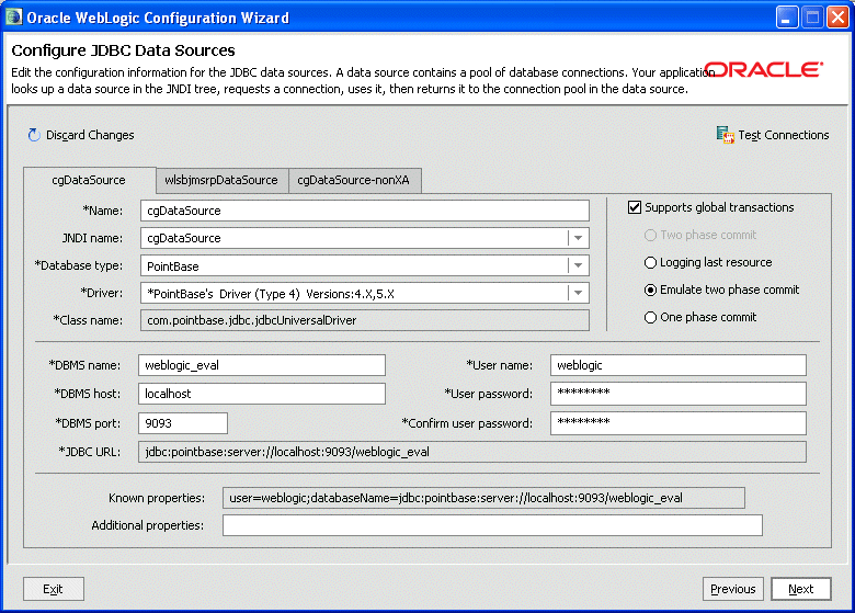 Configure JDBC Data Sources window