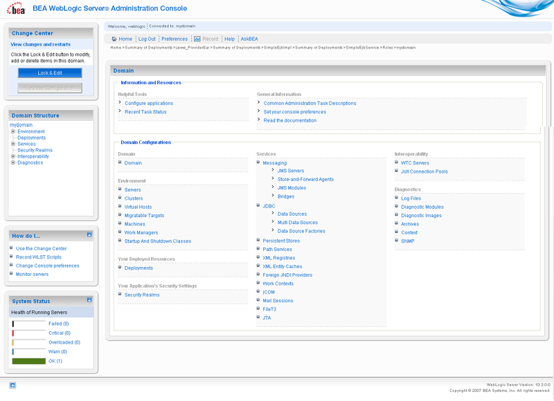 WebLogic Server Administration Console Main Window
