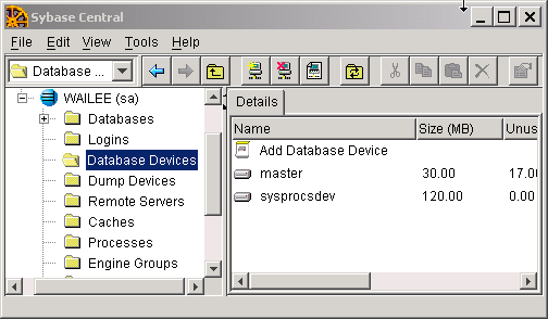 Add Database Device Screen