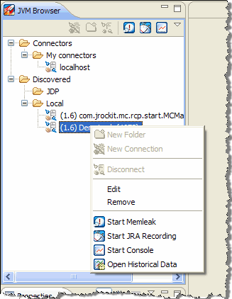 Context Menu for Selected JRockit JVM Instance