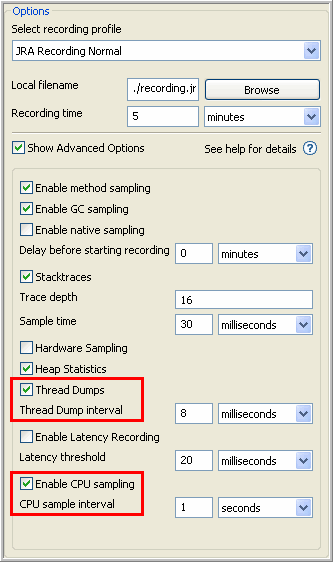 Thread dumps and CPU sampling in JRA recording