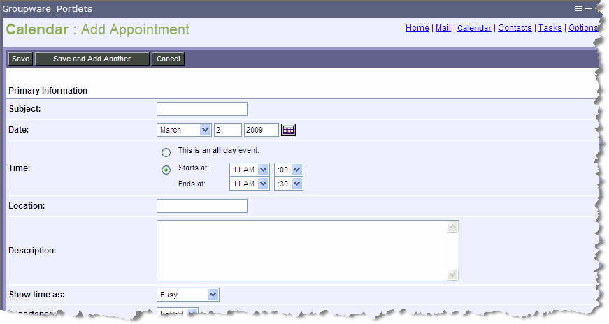 Calendar Add Appointment View