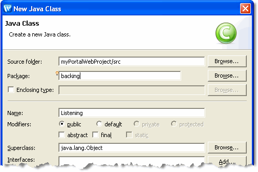 New Java Class Dialog
