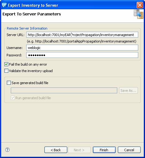 Export To Server Parameters Dialog