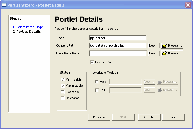 Portlet Wizard - JSP Portlet Details Dialog