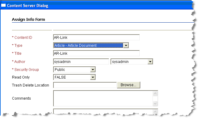 Assign Info Form for Link Element