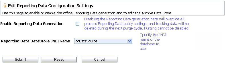 Edit Reporting Data Configuration Settings Page