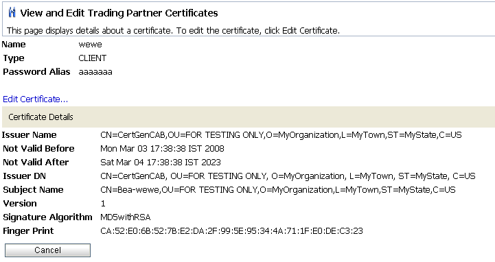 View and Edit Trading Partner Certificate Page