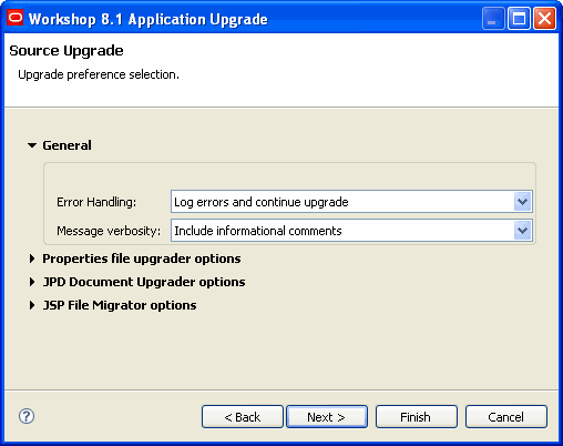 Source Upgrade Screen of the Upgrade Wizard