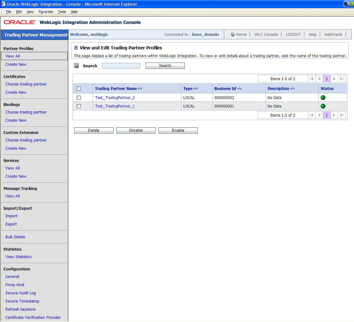 Trading Partner Management in the WLI Administration Console