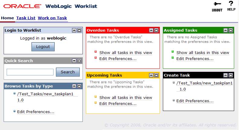 Oracle WebLogic Worklist User Portal Home Page 