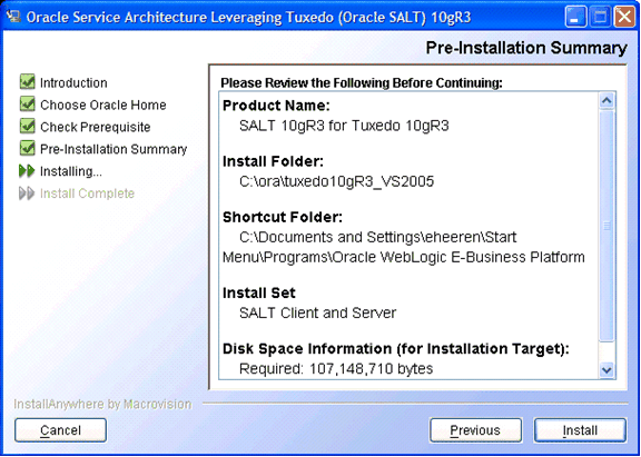 Pre-Installation Summary Screen